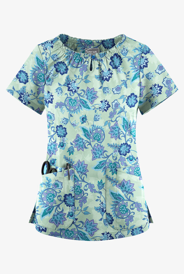 Butter-Soft STRETCH Jacobean Eucalyptus Leaf Women's 6-Pocket Peasant Style Print Scrub Top - null - 1