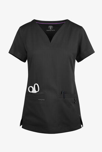 Blusa m&eacute;dica Healing Hands Purple Label Jean STRETCH con cuello redondo y 3 bolsillos para mujer