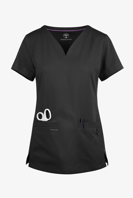 Blusa médica Healing Hands Purple Label Jean STRETCH con cuello redondo y 3 bolsillos para mujer