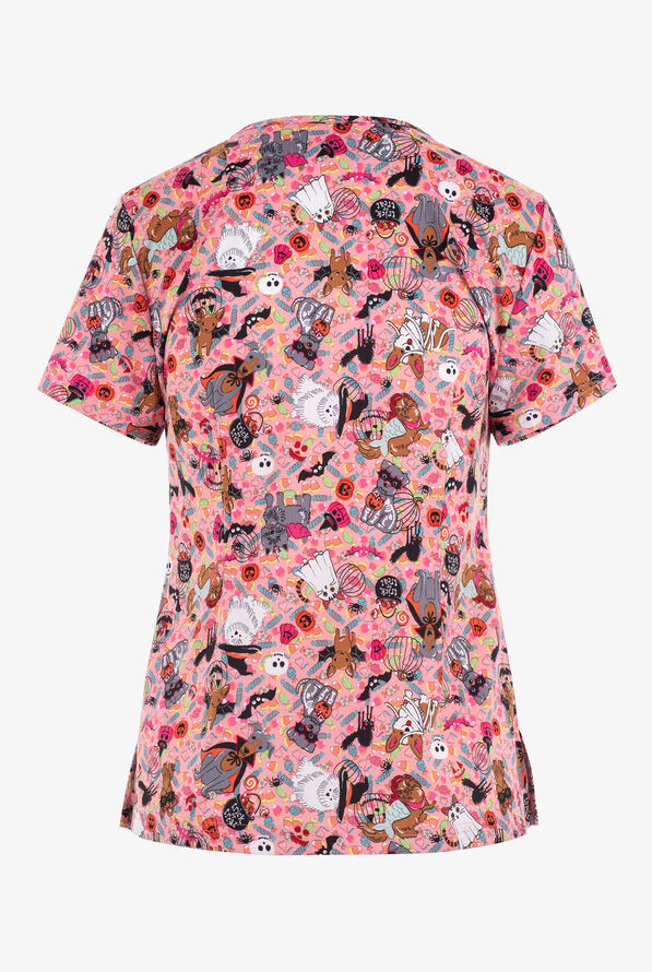 koi Basics Haloween Dress Up Whimsical Women's 2-Pocket STRETCH V-Neck Print Scrub Top - null - 2
