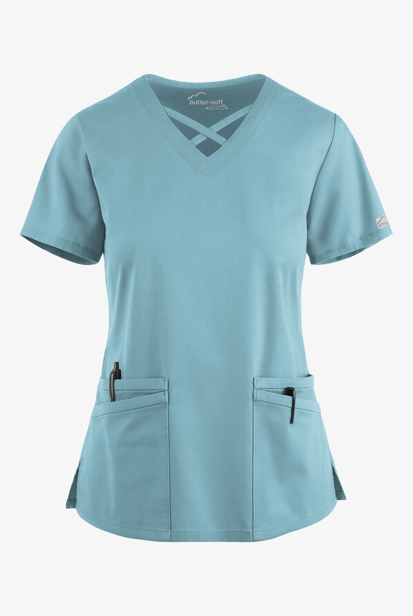 Butter-Soft STRETCH Women's 4-Pocket Crisscross Scrub Top - Dew Drop - 1