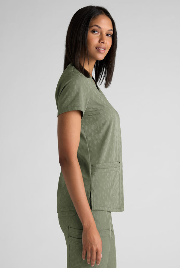 Easy STRETCH Lina Women's Jacquard 4-Pocket V-Neck Scrub Top - Olive Leaf - 4