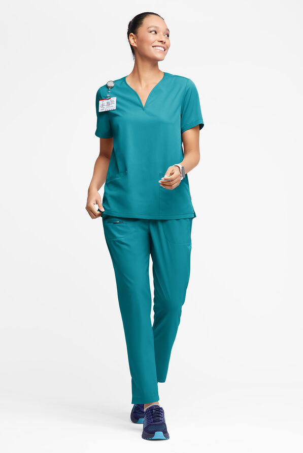 WhisperLite Dahlia Women's 4-Pocket Stretch Notched Neck Scrub Top - Teal - 3