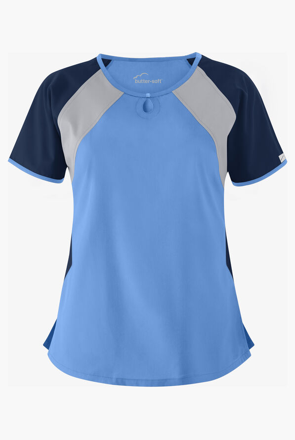 Butter-Soft Core Color Block Women's 2-Pocket Keyhole Scrub Top - Ceil/Navy/Silver - 1