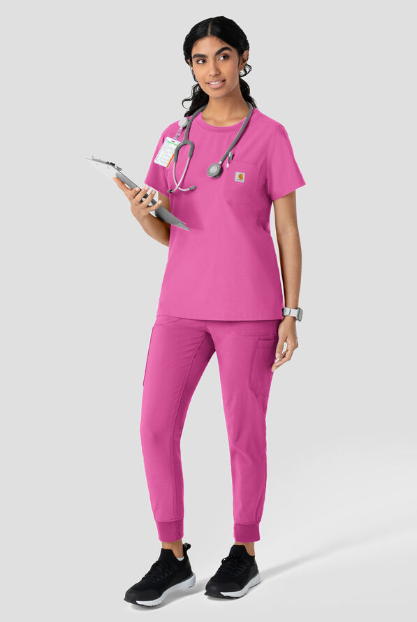 Carhartt Cross-Flex Force Women's 1-Pocket STRETCH Knit Trim Crew Neck Scrub Top - Electric Fuchsia - 4