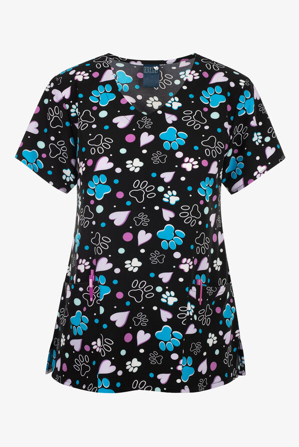Blusa m&eacute;dica estampada Zoe & Chloe Be Pawsome STRETCH con cuello en V y 2 bolsillos para mujer - null - 1