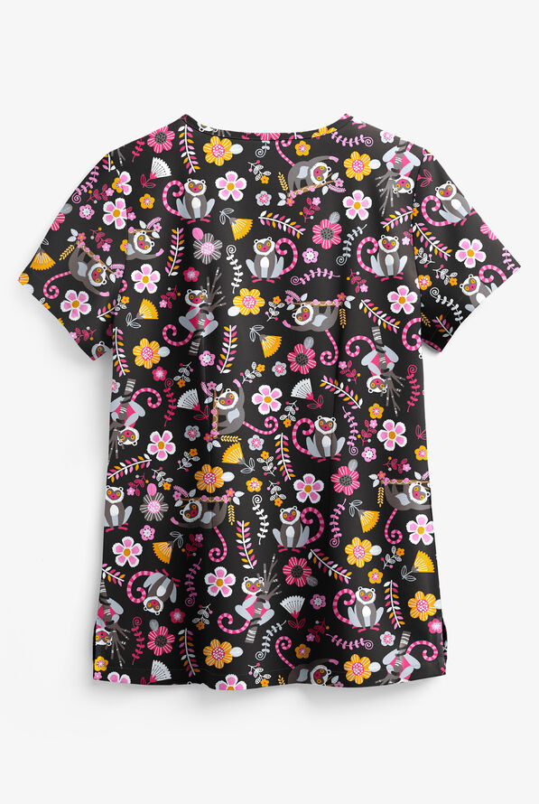 UA Butter-Soft STRETCH Lemur Love Black Printed Women's 1-Pocket V-Neck Scrub Top - null - 2