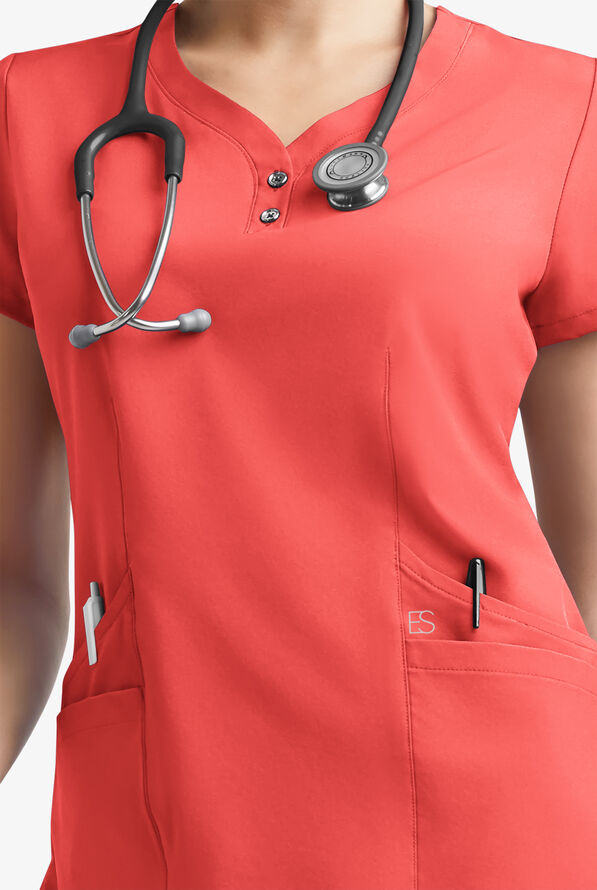 Blusa m&eacute;dica Easy STRETCH Demi estilo Henley con 4 bolsillos para mujer - Spiced Coral - 5
