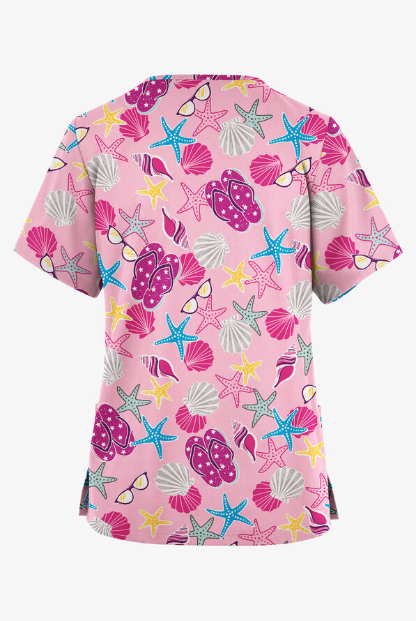 Butter-Soft Originals Walk On The Beach Blush Women's 2-Pocket V-Neck Print Scrub Top - null - 2