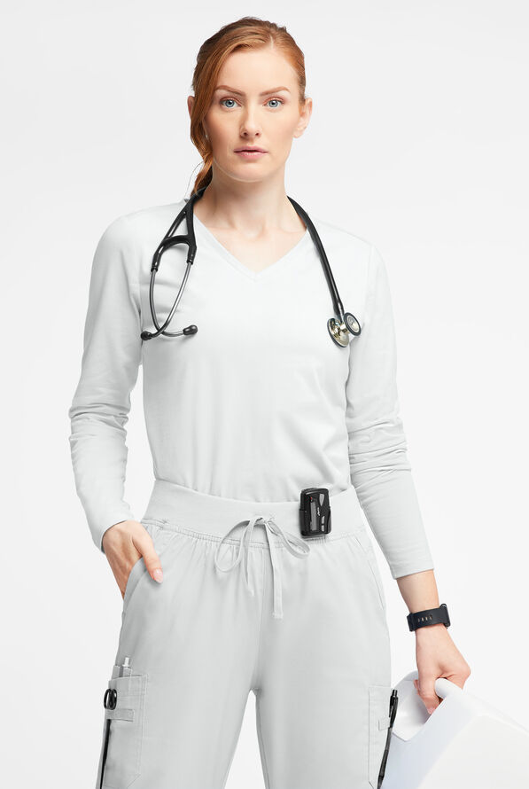 Butter-Soft STRETCH Women&rsquo;s Cotton-Rich V-Neck Knit Underscrub - White - 3