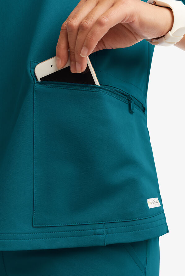 Butter-Soft Women's 5-Pocket Zipper Neck Short Sleeve Scrub Top **Slightly IRREGULAR** - Caribbean Blue - 6