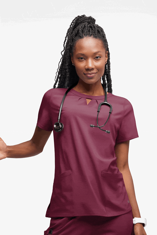 Easy STRETCH Salma Women&rsquo;s 3-Pocket Keyhole Neck Scrub Top - Wine - 4