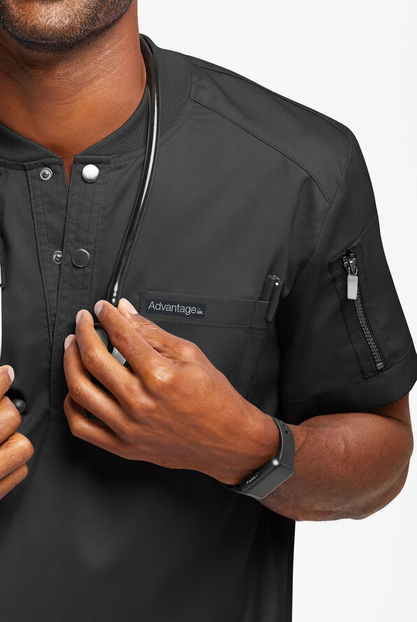 Advantage STRETCH Men's 2-Pocket Short Sleeve Henley Scrub Top - Black - 3