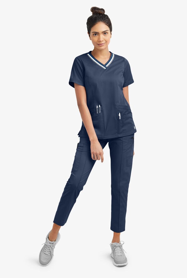 Butter-Soft STRETCH Women's 5-Pocket Short Sleeve V-Neck with Sport Trim Detail Scrub Top - Navy - 2