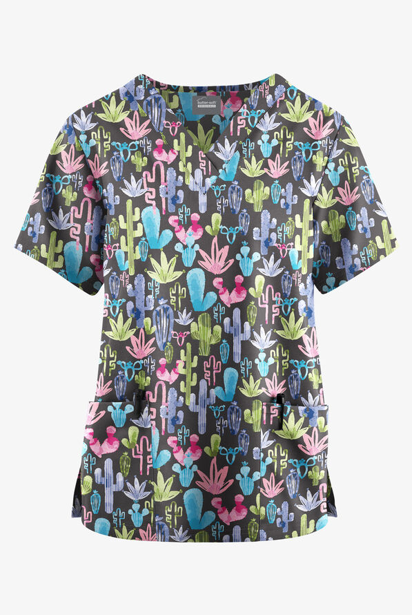 Butter-Soft Originals Desert Cactus Pewter Women's 2-Pocket Classic Fit V-Neck Print Scrub Top - null - 1