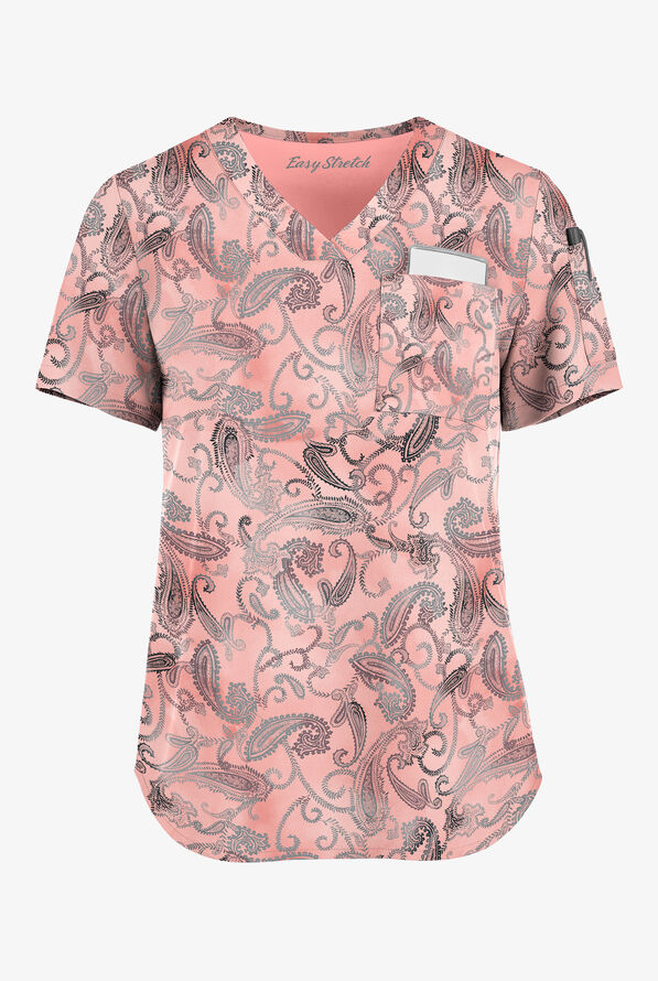 Easy STRETCH Paisley Tie Dye Women's 3-Pocket Tuck-In V-Neck Print Scrub Top - null - 1