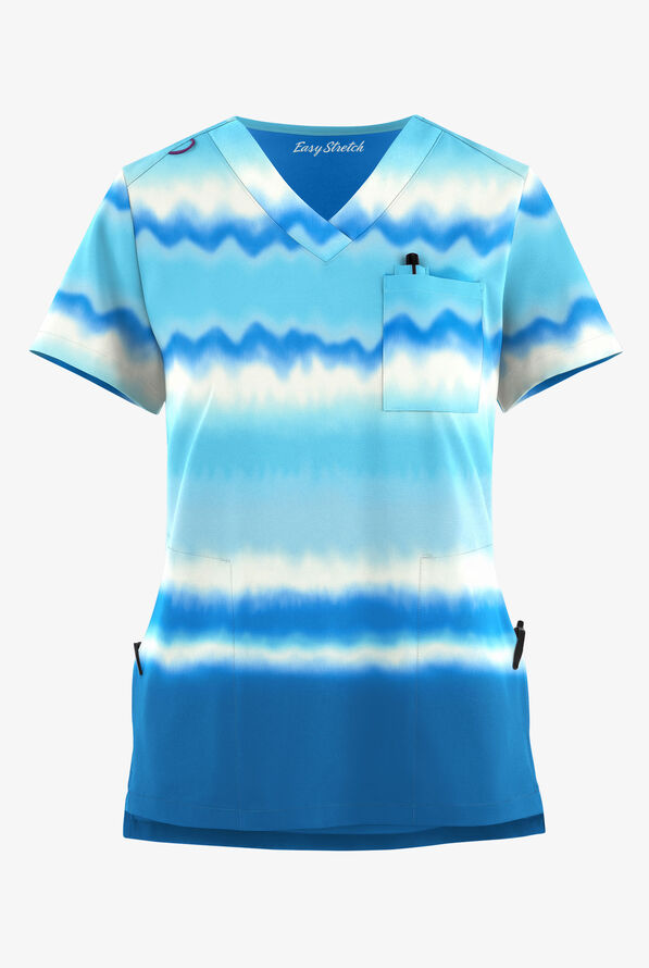 Easy STRETCH Waterfall Stripe Women's 3-Pocket High Low V-Neck Print Scrub Top - null - 1