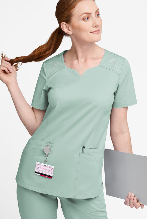 Blusa m&eacute;dica UA Butter-Soft STRETCH Crystal Bling con 6 bolsillos para mujer - Eucalyptus Leaf - 5