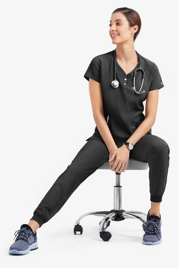 Easy STRETCH Demi Women's 4-Pocket Henley Scrub Top - Onyx Black - 6