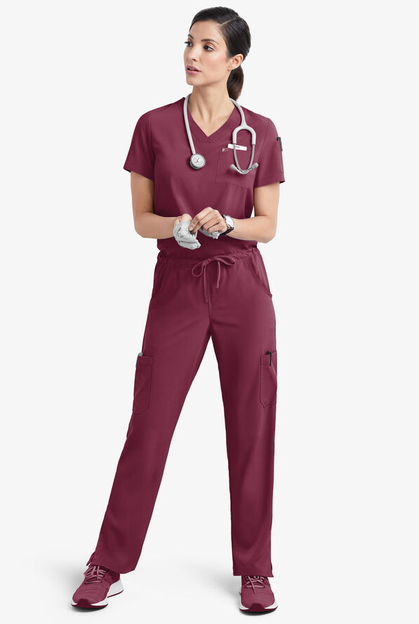 Easy STRETCH Chloe Women's 3-Pocket V-Neck Tuck-In Scrub Top - Wine - 2