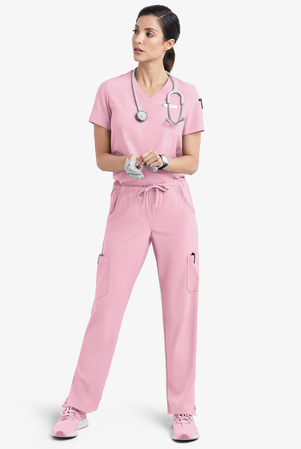 Easy STRETCH Chloe Women's 3-Pocket V-Neck Tuck-In Scrub Top - Pink Peony - 2