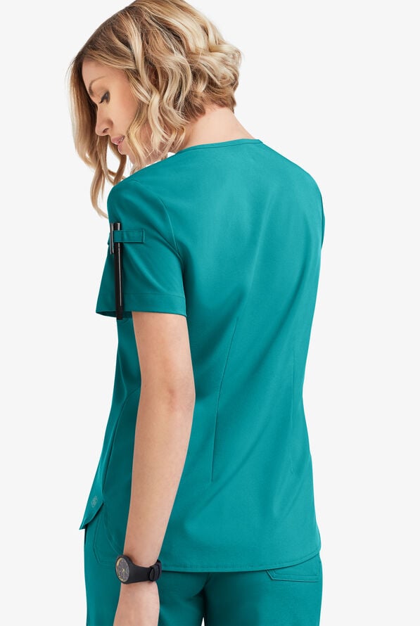 Blusa m&eacute;dica Easy STRETCH Nikki con cuello festoneado y 1 bolsillo para mujer - Teal - 4