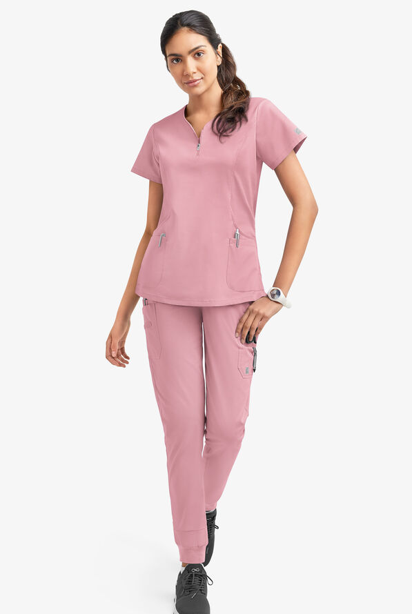 Butter-Soft STRETCH Women's 4-Pocket Curved Neck Zipper Scrub Top - Cosmo Pink - 2