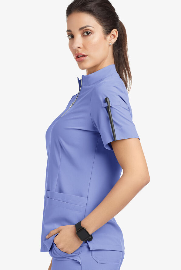 Easy STRETCH Jen Women's 4-Pocket Zip-Neck Short Sleeve Scrub Top - Ceil Blue - 5