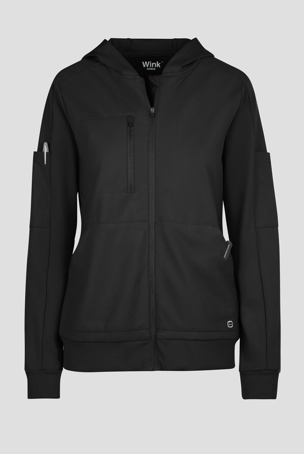 Wink Renew Knit Women's 4-Pocket STRETCH Front Zip Scrub Hoodie Jacket - Black - 1