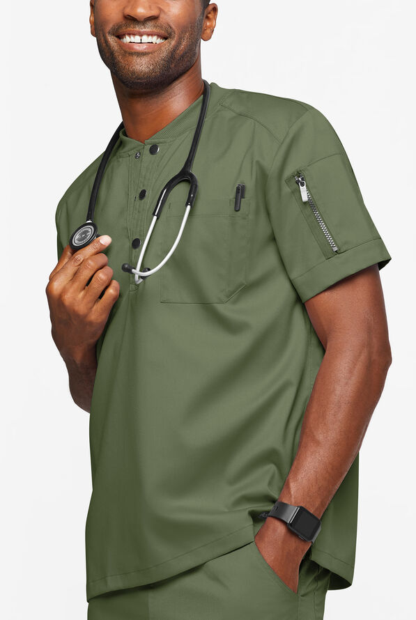 Advantage STRETCH Men's 2-Pocket Short Sleeve Henley Scrub Top - Light Olive - 2