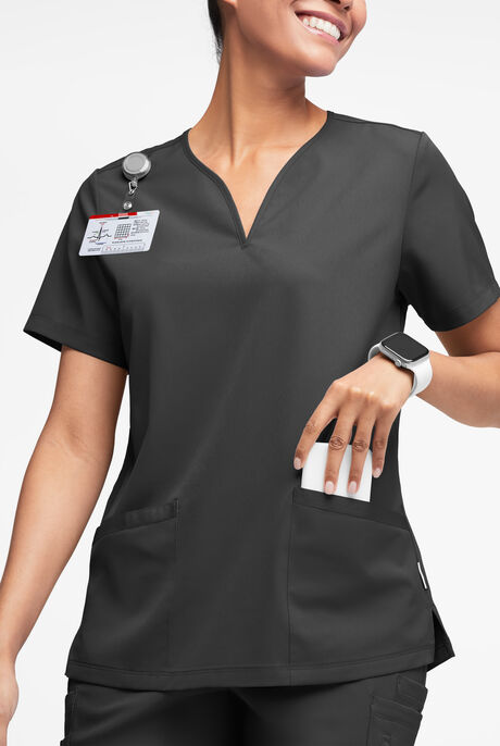 Blusa médica WhisperLite Dahlia Stretch con cuello con muesca y 4 bolsillos para mujer