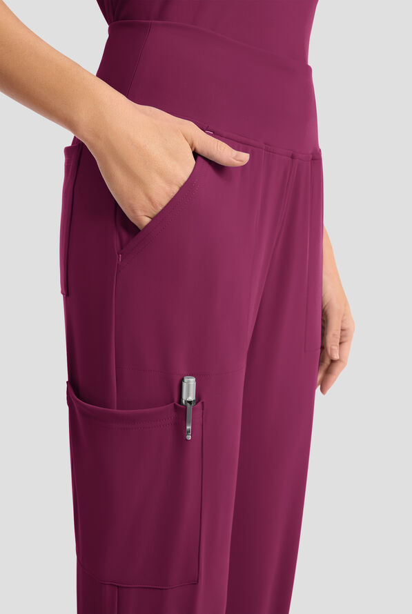 Cherokee Achieve Women's 5-Pocket STRETCH Cargo Jogger Knit Scrub Pants - Wine - 2