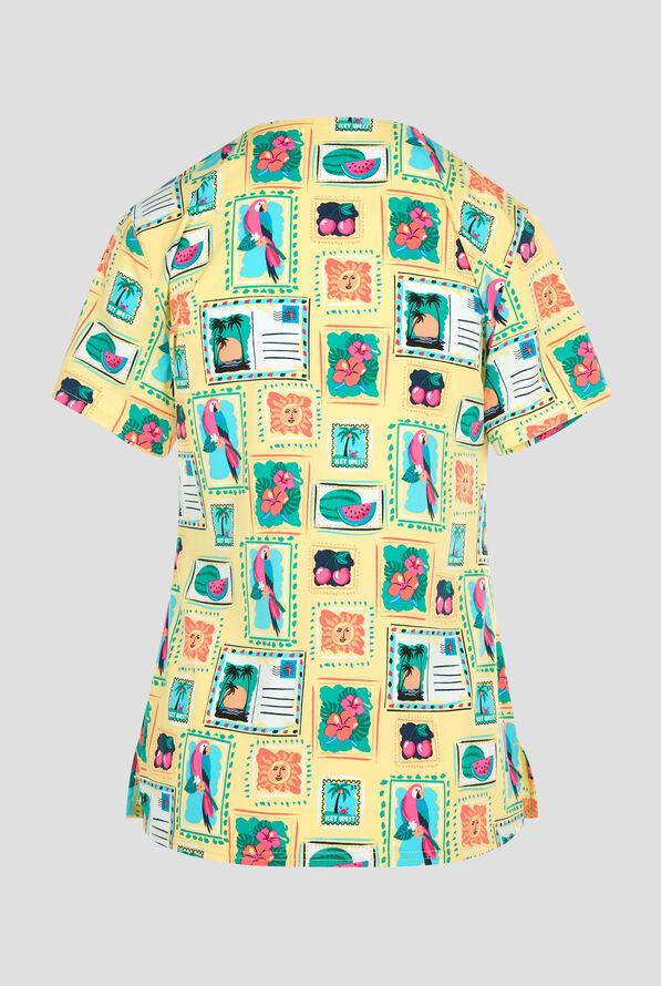 Med Couture Vacation Postcard Women's 1-Pocket STRETCH V-Neck Print Scrub Top - null - 2
