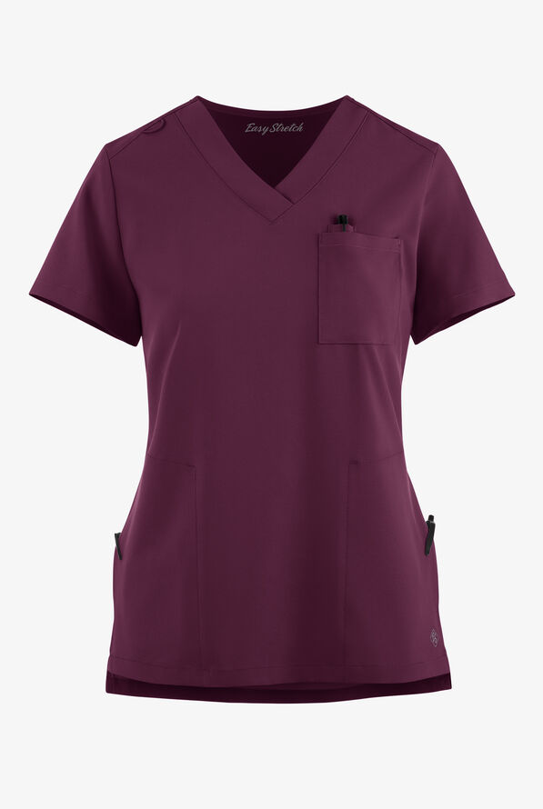 Easy STRETCH Taylor Women's 3-Pocket High Low Hem V-Neck Scrub Top - Dark Mulberry - 6