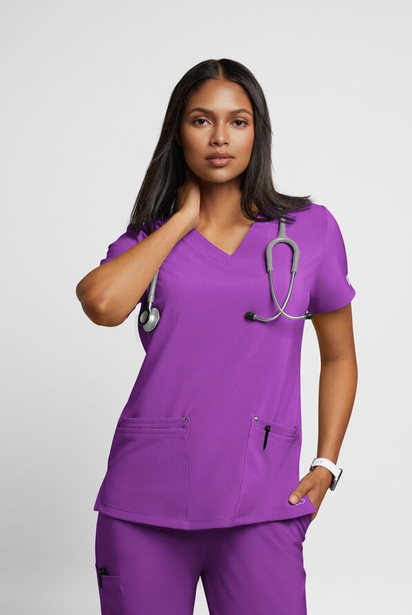 Easy STRETCH Lina Mitered Women's 4-Pocket V-Neck Scrub Top - Fresh Purple - 2