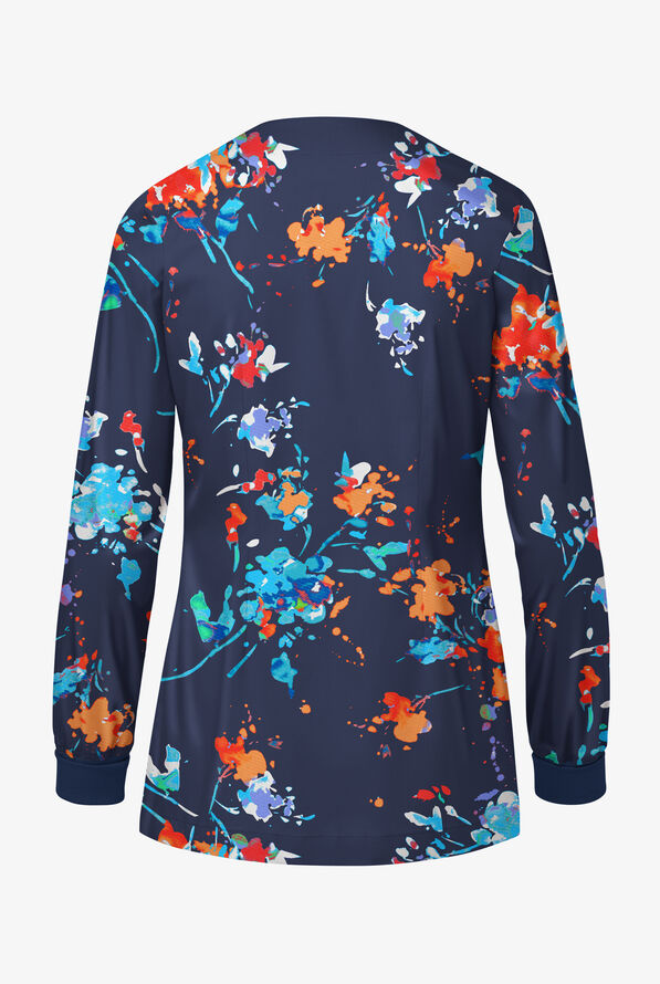 Butter-Soft STRETCH Floral Splash Navy Women's 3-Pocket Hidden Snap Front Print Scrub Jacket - null - 2