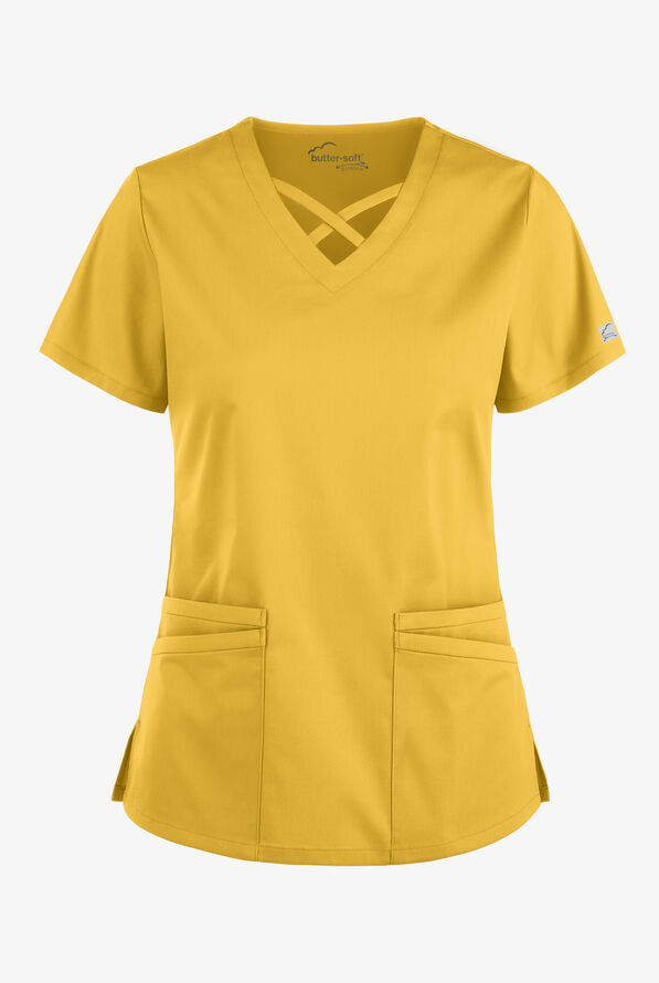Butter-Soft STRETCH Women's 4-Pocket Crisscross Scrub Top - Warm Sun - 1