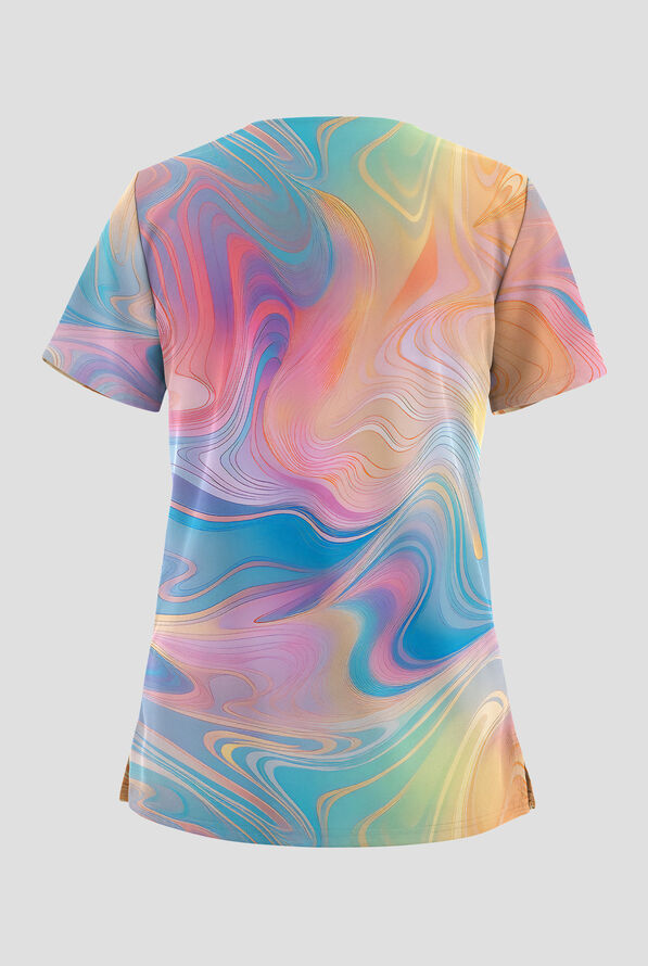 Easy STRETCH Dreamy Waves Turquoise Women's 2-Pocket V-Neck Print Scrub Top - null - 2