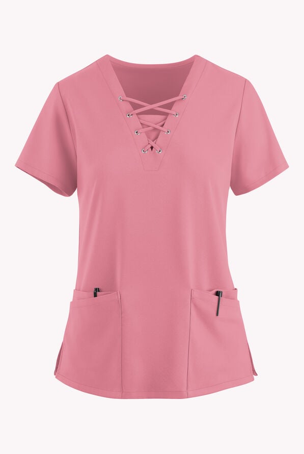 Easy STRETCH Gisele Women's 4-Pocket Lace Up V-Neck Scrub Top - Cashmere Rose - 1