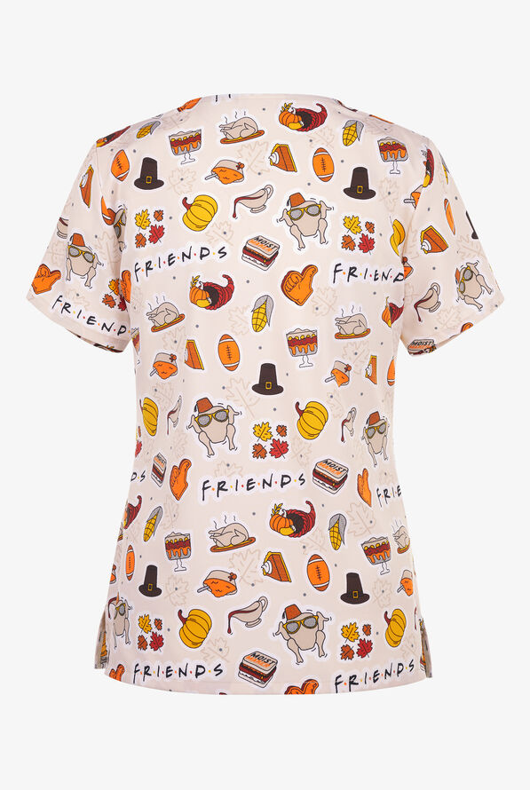 Tooniforms Friends Gathering Women's 3-Pocket STRETCH V-Neck Print Scrub Top - null - 2