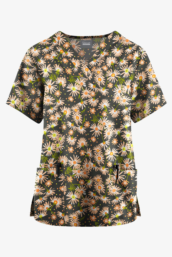 Butter-Soft Originals Daisy Breeze Pewter Women's 2-Pocket V-Neck Print Scrub Top - null - 1