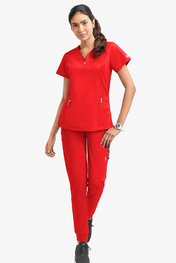 Butter-Soft STRETCH Women's 4-Pocket Curved Neck Zipper Scrub Top - Venetian Red - 2