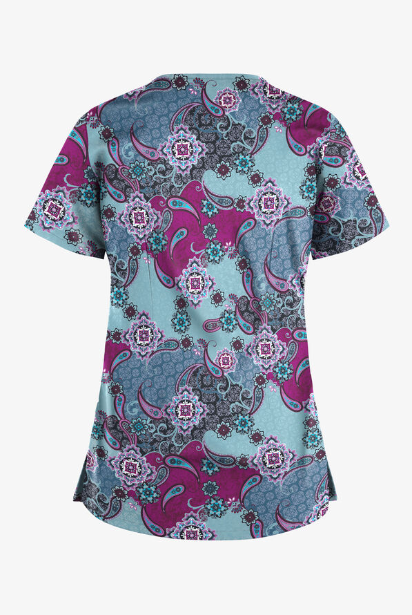 UA Butter-Soft STRETCH Mixed Medallion Indigo Denim Women's 4-Pocket Crisscross Print Scrub Top - null - 2