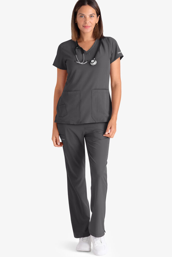 Skechers by Barco Focus Women's 6-Pocket STRETCH Crossover V-Neck Scrub Top - Pewter - 2