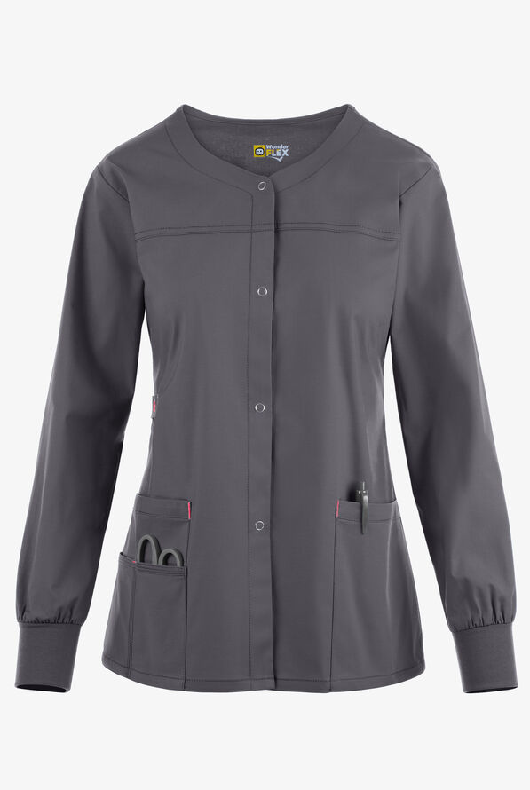 WonderWink WonderFLEX Constance Women's 4-Pocket STRETCH Cotton Rich Snap Front Scrub Jacket - Pewter/Papaya - 1