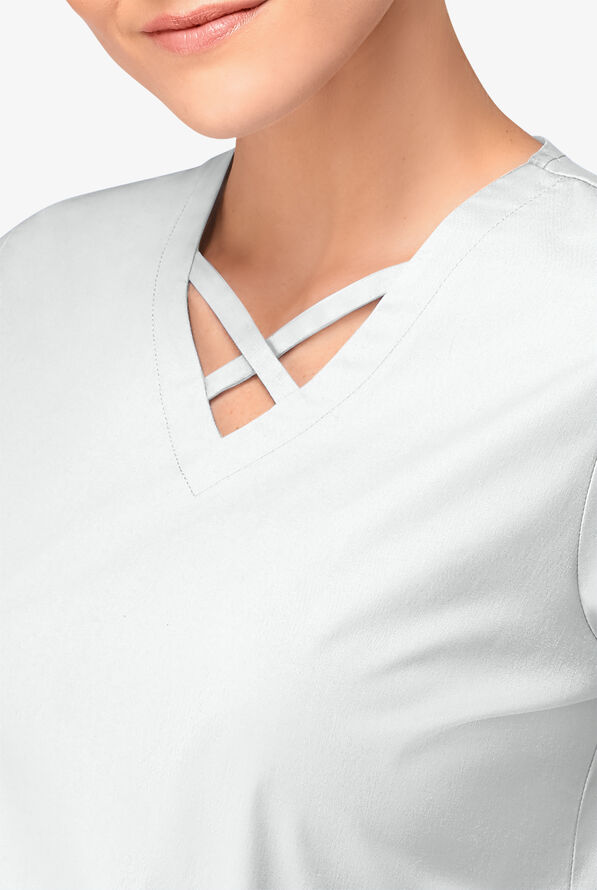 Blusa m&eacute;dica UA Butter-Soft STRETCH con lazos entrecruzados y 4 bolsillos para mujer - White - 3