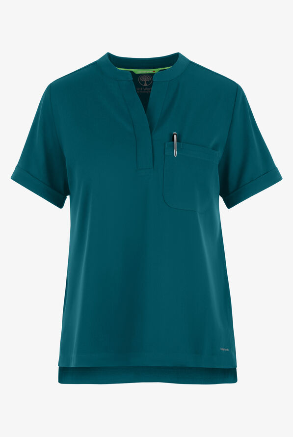 HH Works by Healing Hands Macy Women's 1-Pocket STRETCH Mandarin Collar Tuck In Scrub Top - Caribbean Blue - 1