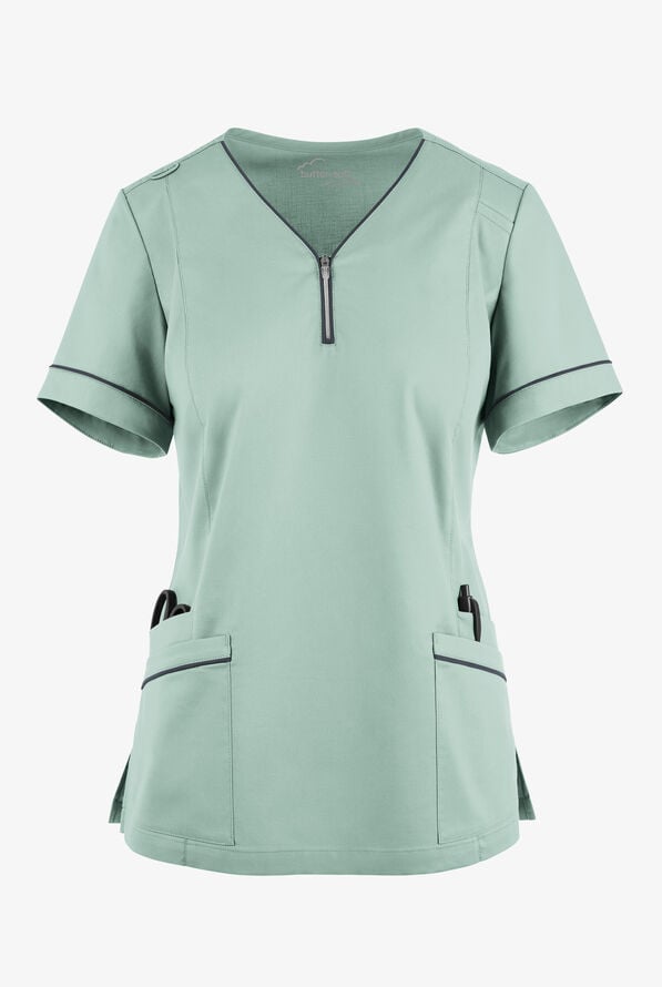 Butter-Soft STRETCH Women's 5-Pocket V-Neck with Front Zipper Scrub Top - Eucalyptus Leaf/Pewter - 1