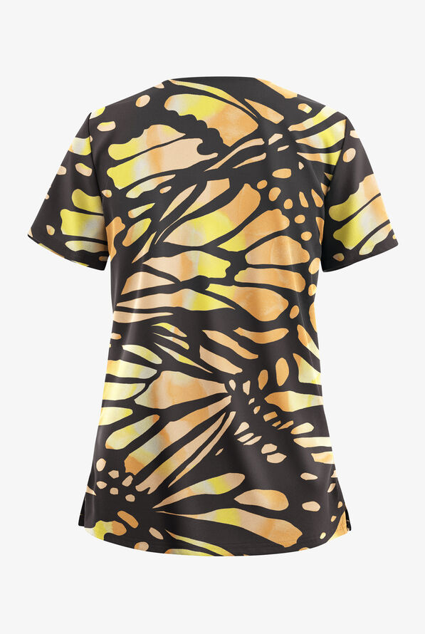 Butter-Soft STRETCH Bold Butterfly Pewter Women's 2-Pocket V-Neck Print Scrub Top - null - 2