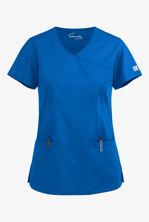 Butter-Soft STRETCH Women's 3-Pocket V-Neck Mock Wrap Scrub Top - Royal - 1